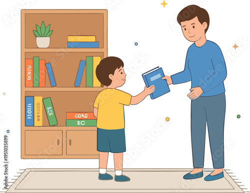 A man gives a book to a boy standing beside a bookshelf.