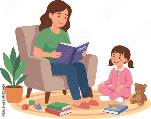 Woman reads to a little girl sitting on the floor with toys and books around them.