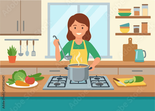 A woman cooks a meal with vegetables on the kitchen stove.