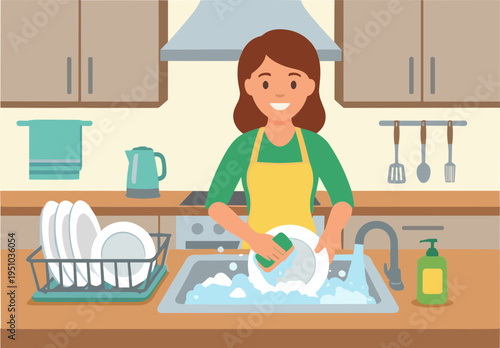 Woman washing dishes in kitchen sink with soap and sponge on countertop