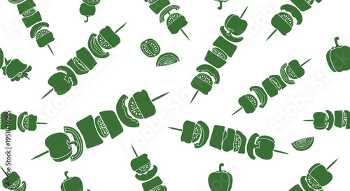 Green Vegetable Skewer Vector Pattern Seamless Background for Food Packaging and BBQ Design