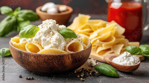 Delicious Stuffed Pasta Shells With Creamy Ricotta Cheese Fresh Basil And Marinara Sauce Ingredients Ready For Cooking A Gourmet Italian Dish On A Rustic Dark Surface