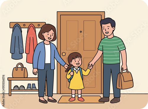 Family standing at home entrance with parents and child holding hands