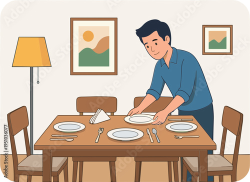 Man setting table with plates and utensils in dining room interior