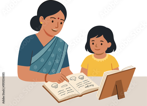 Woman and child reading book together at table indoors