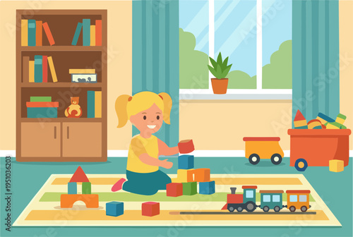 A young girl plays with colorful blocks and toy trains on a mat in a cozy living room by the window.