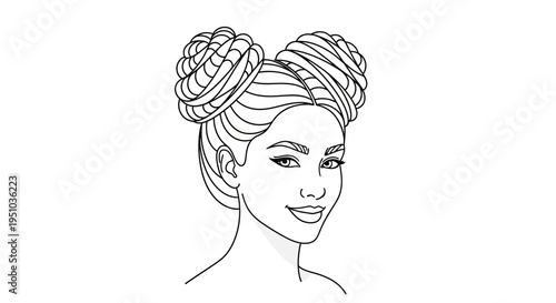 Line art portrait of a woman with double buns hairstyle, smiling, black and white