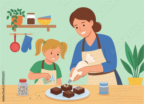 Woman and child baking brownies together in a kitchen