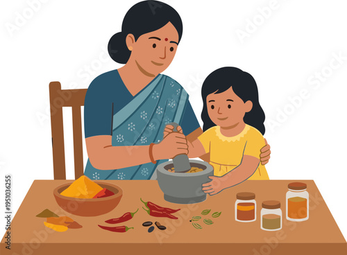 A woman and a girl are preparing traditional spices at a wooden table