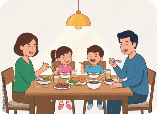 Family sitting at table eating dinner together indoors at home
