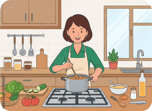 Woman cooking stew on gas stove in modern kitchen with vegetables and ingredients
