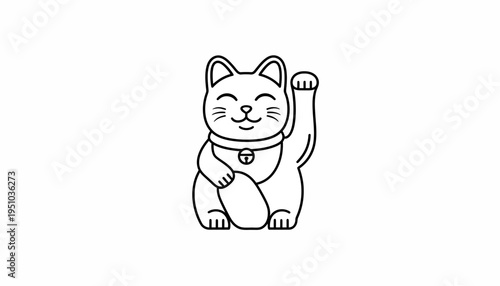 Lucky Cat Drawing, Maneki Neko Icon, Japanese Fortune Symbol, Black and White Outline
