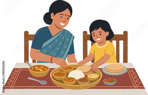 A woman and a child preparing traditional food on a table indoors