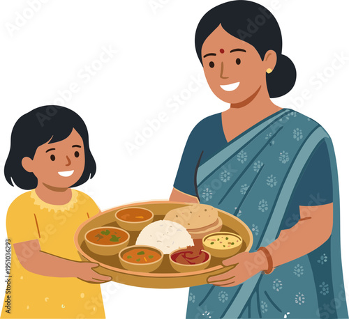 A woman and a girl are offering a traditional Indian thali meal with various dishes and rice.