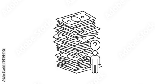 Man Questioning Large Stack of Money, Financial Uncertainty Concept