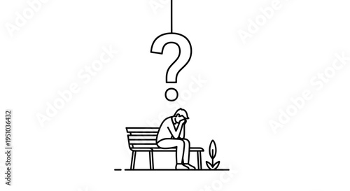 Man sitting on bench under question mark, feeling confused and stressed