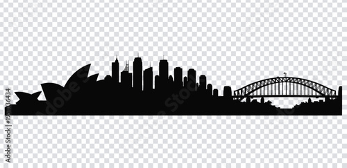 Vector illustration black silhouette of sydney city skyline with harbour bridge and opera house