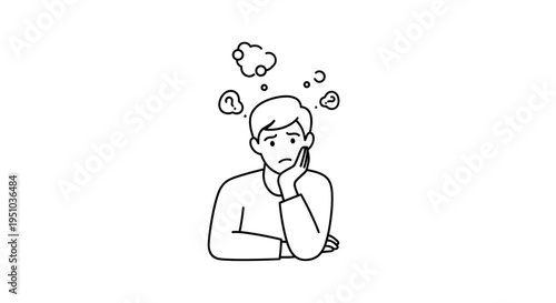Man Thinking with Question Marks and Clouds Above Head