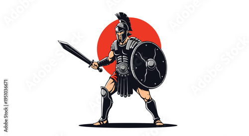 Ancient spartan warrior holding a sword and shield in a defensive stance against a large red sun background illustration.
