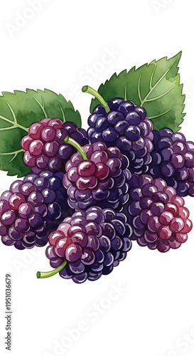 Juicy dark purple berries are clustered together with vibrant green leaves in a watercolor style illustration
