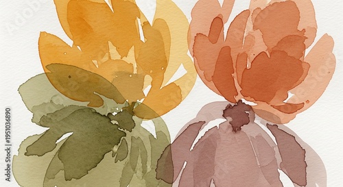Soft watercolor painting of four abstract lotus flowers in warm autumn colors like orange, yellow, and muted green, with a delicate artistic texture