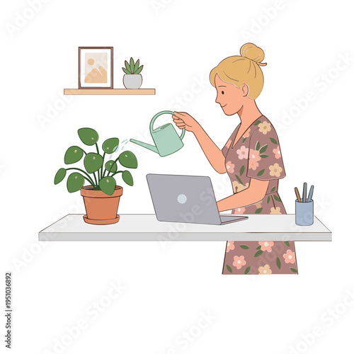 Woman waters plants beside her laptop on a desk indoors.