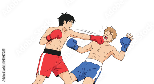 Cartoon illustration of two shirtless boxers in red and blue boxing gloves and shorts, engaged in a fight with a plain white background.