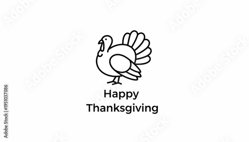 Happy Thanksgiving Turkey Icon with Text - Minimalist Line Art for Holiday Greetings