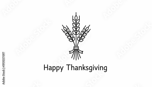 Happy Thanksgiving Wheat Stalks Icon, Minimalist Line Art, Celebration Greeting