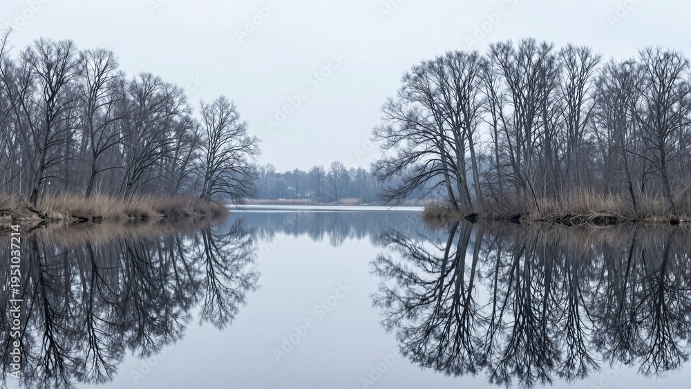 Obraz premium Symmetrical landscape of bare winter trees reflected in a calm lake under an overcast sky.
