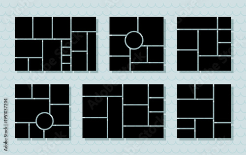 Photo collage template. Moodboard layout. Mood board background.  Mosaic pictures album grid. Collection scrapbook images. Set photomontage frames. Geometric poster design. Vector illustration