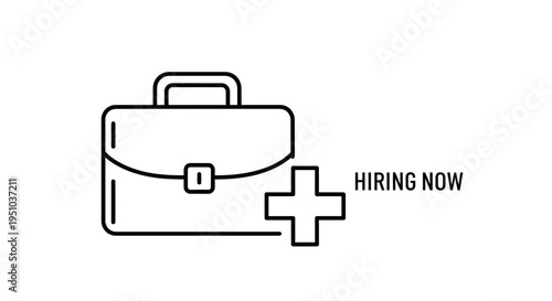 Hiring Now: Business Briefcase with Plus Sign Icon, Recruitment and Job Opportunity Concept