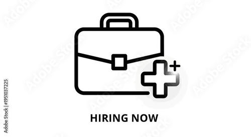 Hiring Now Icon: Briefcase with Plus Sign, Recruitment and Job Opportunity Concept