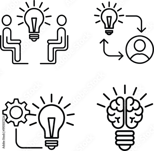 Business brainstorming and creative idea generation with lightbulb, gear and brain icons, vector illustration