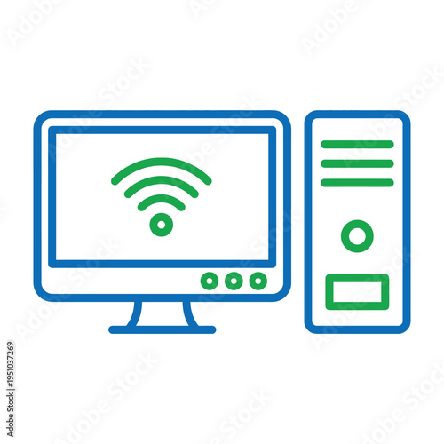 Computer and monitor with wi fi symbol on screen blue and green icons on white background representing internet connection and technology