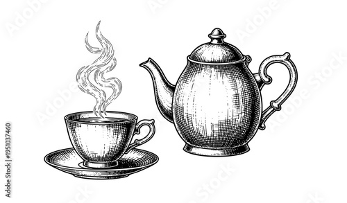 Vintage tea set engraving teapot cup woodcut vector illustration