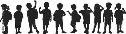 Children silhouette set with school backpacks standing together, kids student group illustration, childhood education concept, playful school children isolated on white background