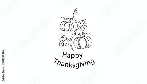 Happy Thanksgiving pumpkins and vine drawing, simple line art for autumn celebration