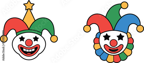 Colorful smiling clown and jester head vector icons with star eyes, for circus and entertainment