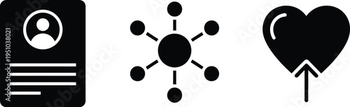 Profile card connection network hub and upward trending heart icon represent social media interaction elements on a.