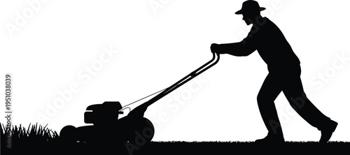 Man mowing lawn silhouette with push mower, gardener cutting grass in garden, landscaping and yard work concept illustration isolated on white background
