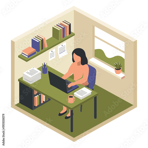 A woman works on her laptop in a cozy office cubicle with books and papers around her.