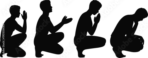 Man praying silhouette set, kneeling male figures with hands together in prayer or meditation, spirituality faith and worship concept isolated on white background