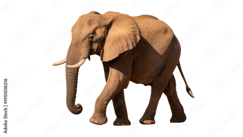Fototapeta premium Majestic African elephant walking gracefully, isolated full body shot with tusks and wrinkled skin, perfect for wildlife projects PNG