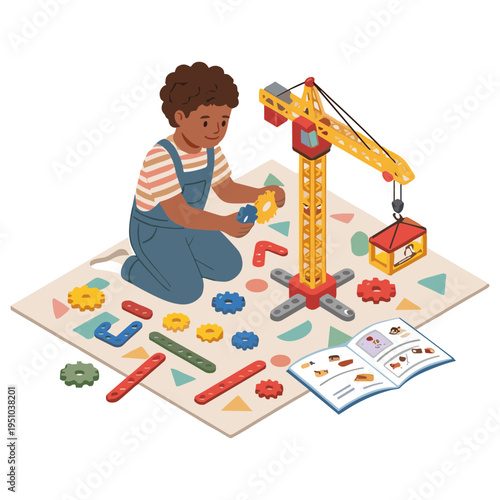 A child plays with a toy crane and construction blocks on a mat