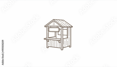 Hand-drawn sketch of a small wooden kiosk with a blank sign and counter, isolated on white background.
