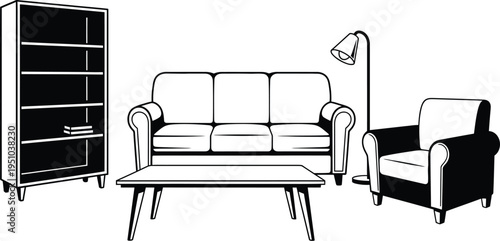 Black and white line art depicts a living room furniture set including a sofa, armchair, coffee table, bookcase,.