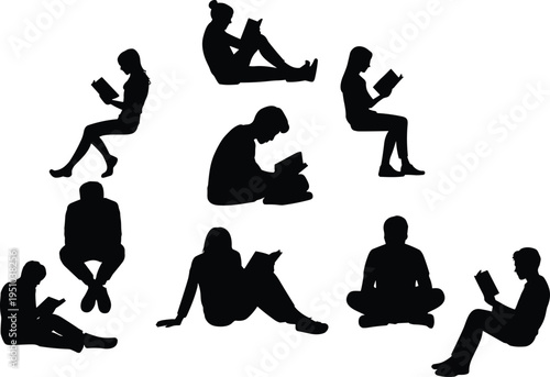 People reading books silhouette collection, men and women sitting and studying with books, education and learning concept illustration isolated on white background