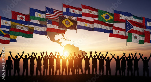 Jubilant crowd with diverse flags isolated on transparent background