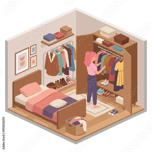 Woman organizing clothes in a modern bedroom interior with bed and closet